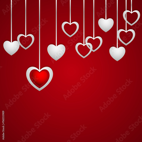 Hearts hanging on a red background, banner or card for your writing, stylish vector illustration EPS10