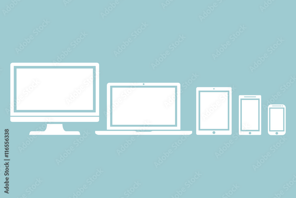 Set of display PC, laptop computer, tablet and mobile phones electronic device icons isolated on a green background, stylish vector illustration Set of display PC, laptop computer, tablet and mobile phones electronic device icons isolated on a green background, stylish vector illustration