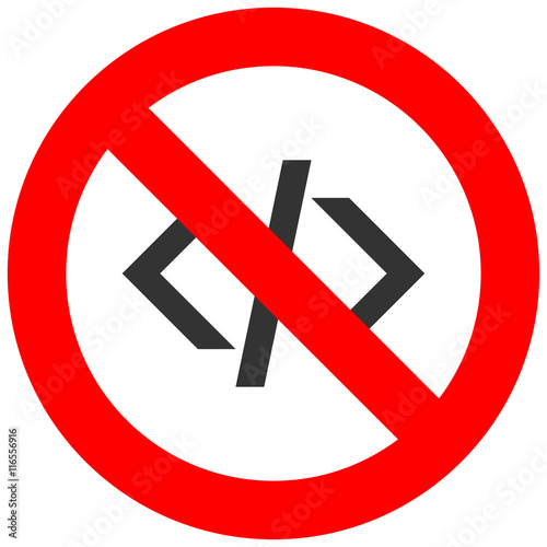 Forbidden sign with code sign icon isolated on white background. Coding is prohibited vector illustration. Code cloth is not allowed image. Code is banned. Do not code.