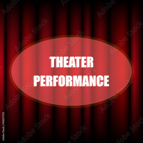 Spotlight on stage curtain with text. Stage with red curtains spotlights in theatre