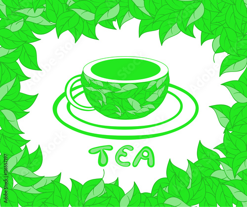 Vector food and drink vector decorative frame with tea cup and tea leaves
