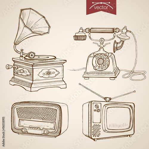Engraving vintage hand drawn vector Gramophone Radio TV Sketch