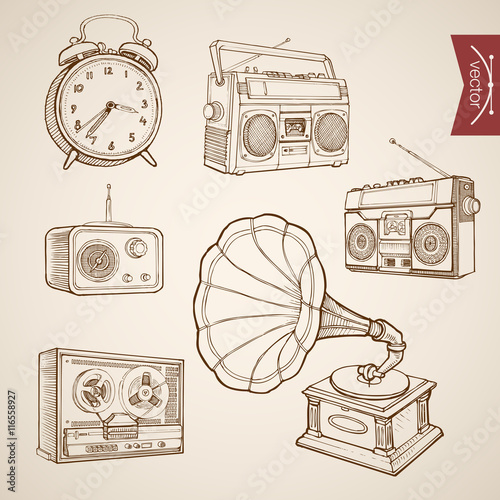 Engraving vintage drawn vector music sound Tape Radio Sketch