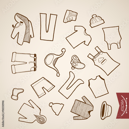Engraving vintage hand drawn vector children clothes Sketch photo
