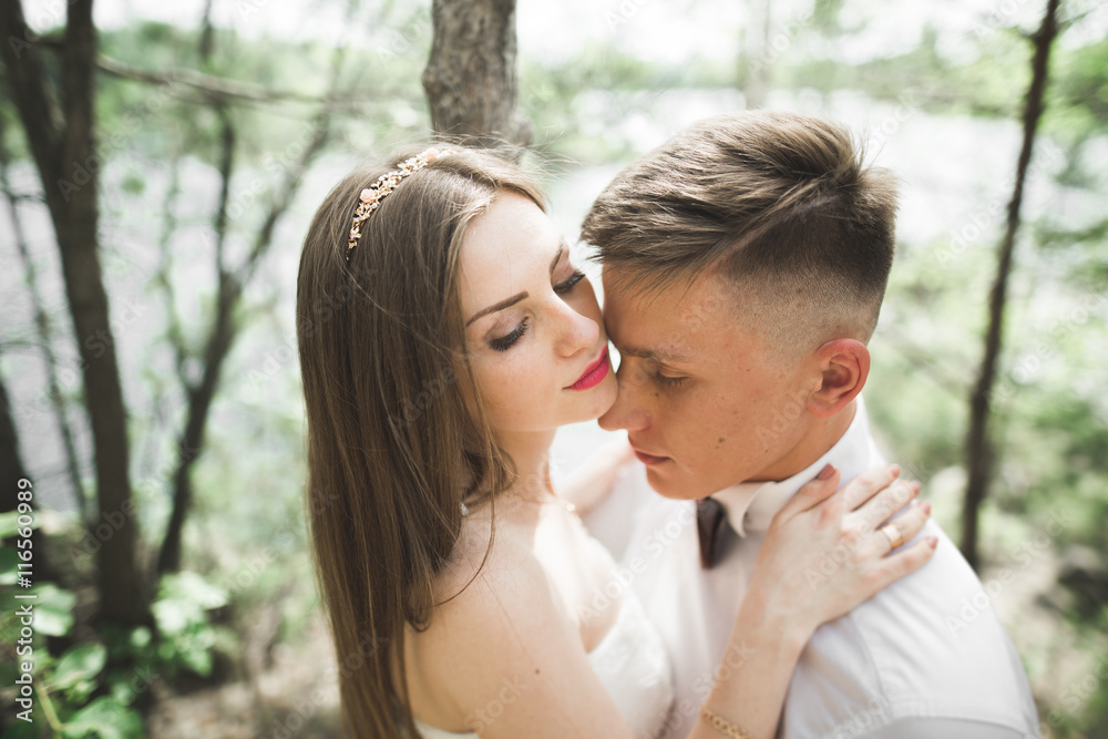 Wedding couple man, bride kissing and hugging on a background of the river, mountains. Beauty portrait Wedding couple man, bride kissing and hugging on a background of the river, mountains. Beauty portrait