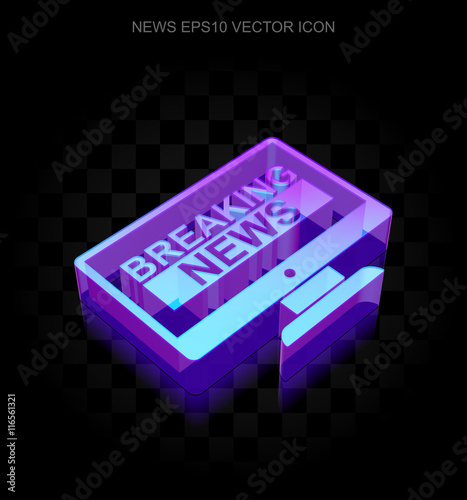 News icon: 3d neon glowing Breaking News On Screen made of glass, EPS 10 vector.
