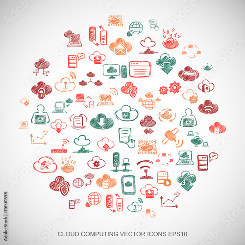 Multicolor doodles Hand Drawn Cloud Technology Icons set on White. EPS10 vector illustration.