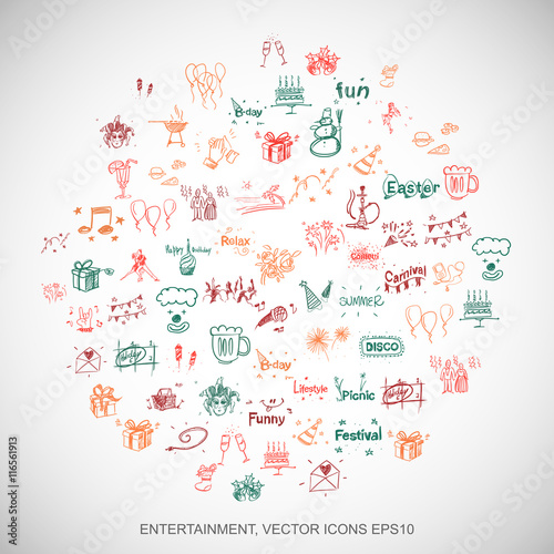 Multicolor doodles Hand Drawn Holiday Icons set on White. EPS10 vector illustration.