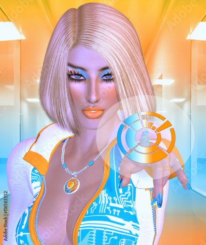 Futuristic business woman using a virtual reality touch screen is perfect for technology themes as well as future, business, internet, conceptual, fantasy and more.  She is a 3d render