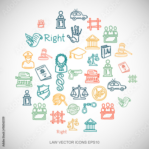 Multicolor doodles Hand Drawn Law Icons set on White. EPS10 vector illustration.