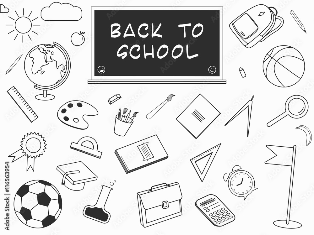 Back to School lineart set. Various school stuff - supplies for sport, art,  reading, science, geography, biology, physics, mathematics, astronomy and  chemistry. Vector isolated over white background Stock Vector | Adobe Stock