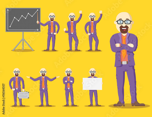 Vector set hairless character businessman in glasses and purple suit, in different poses.