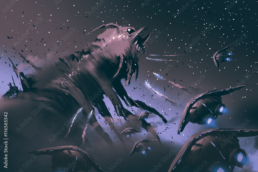 Naklejka premium battle between spaceships and insect creature,sci-fi concept illustration painting