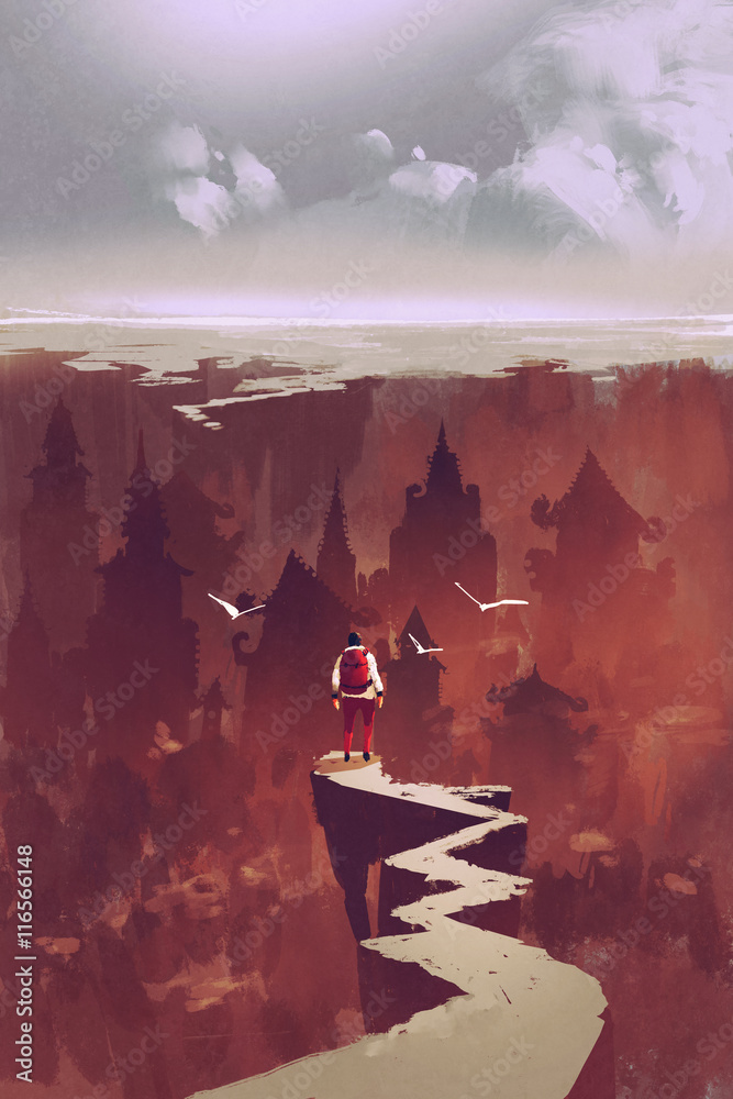 Fototapeta premium man standing on rock path looking at the buried city,illustration painting