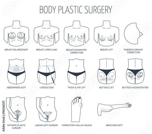 Set of line body plastic surgery icons. Flat design. Vector