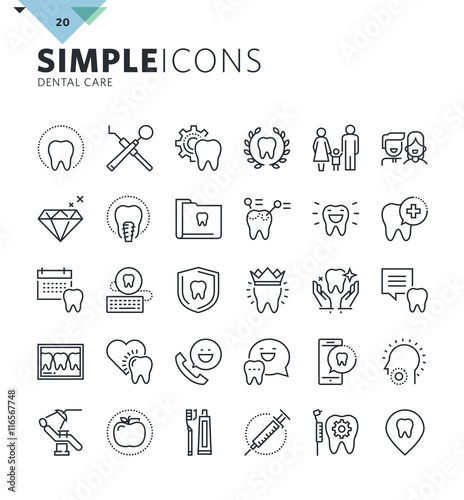 Fototapeta Naklejka Na Ścianę i Meble -  Modern thin line icons of dental care and dentist services. Premium quality outline symbol collection for web and graphic design, mobile app. Mono linear pictograms, infographics and web elements pack