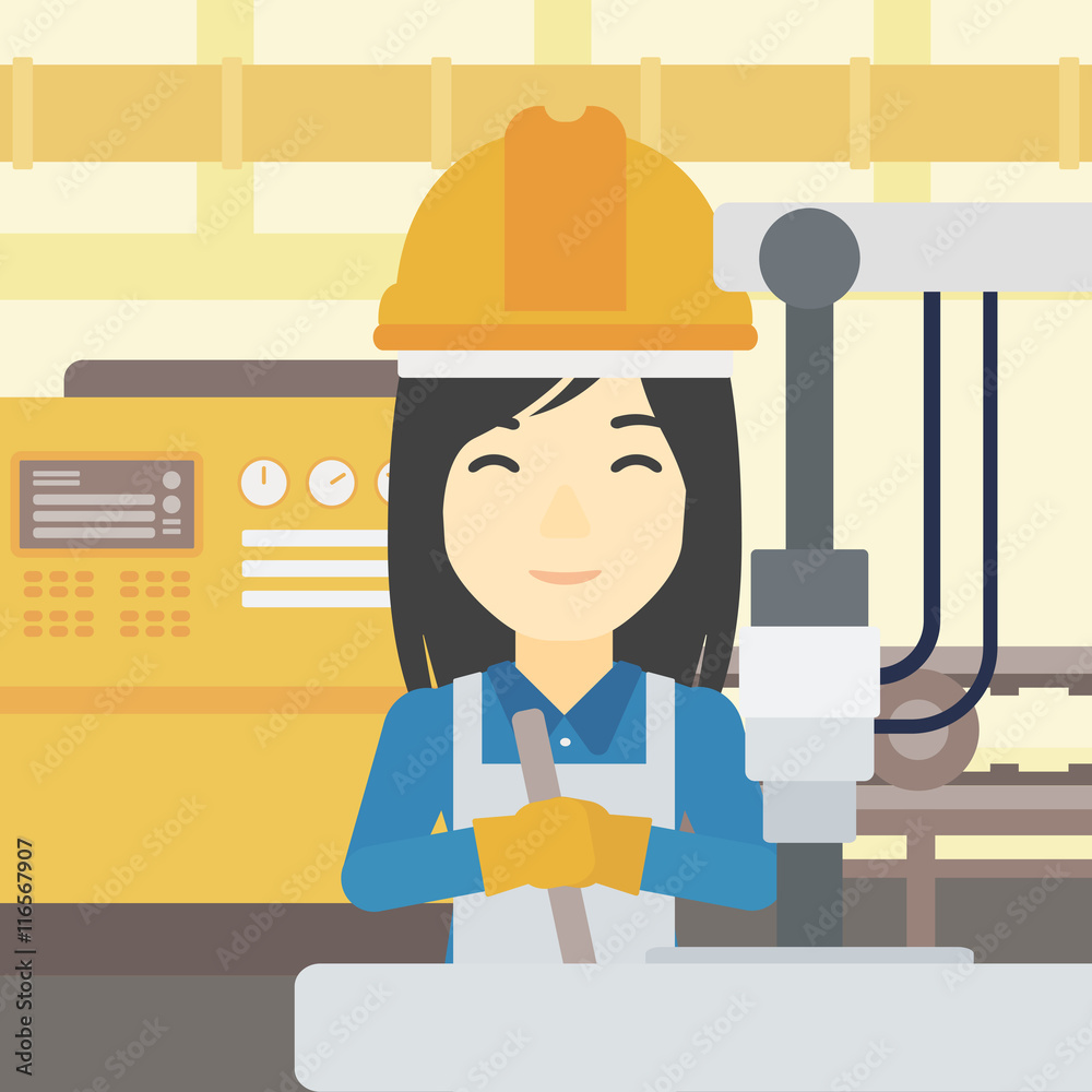 Woman working on industrial drilling machine. Woman working on industrial drilling machine.