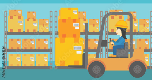 Warehouse worker moving load by forklift truck.