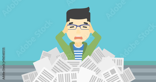 Stressed businessman having lots of work to do.