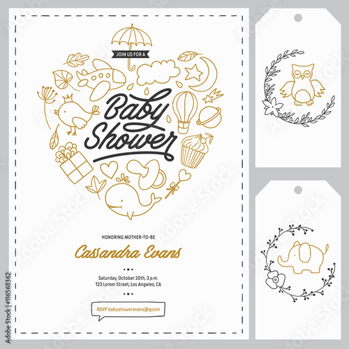 Baby shower invitation templates set. Hand drawn vintage illustration.