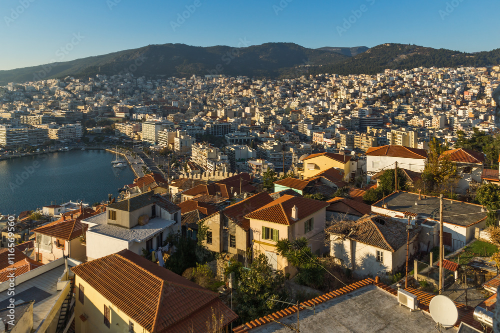 Sunset Panorama to old town and port of Kavala, East Macedonia and Thrace, Greece