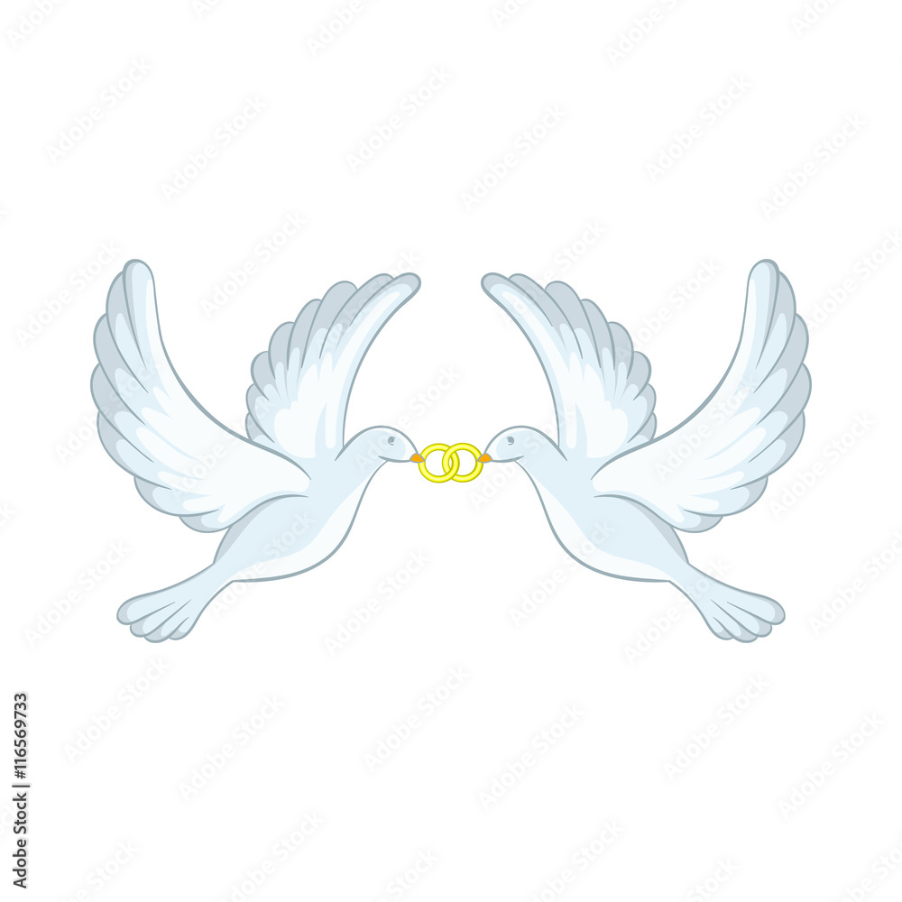 Fototapeta premium Doves with rings icon in cartoon style isolated on white background. Bird symbol