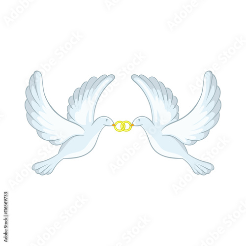 Doves with rings icon in cartoon style isolated on white background. Bird symbol