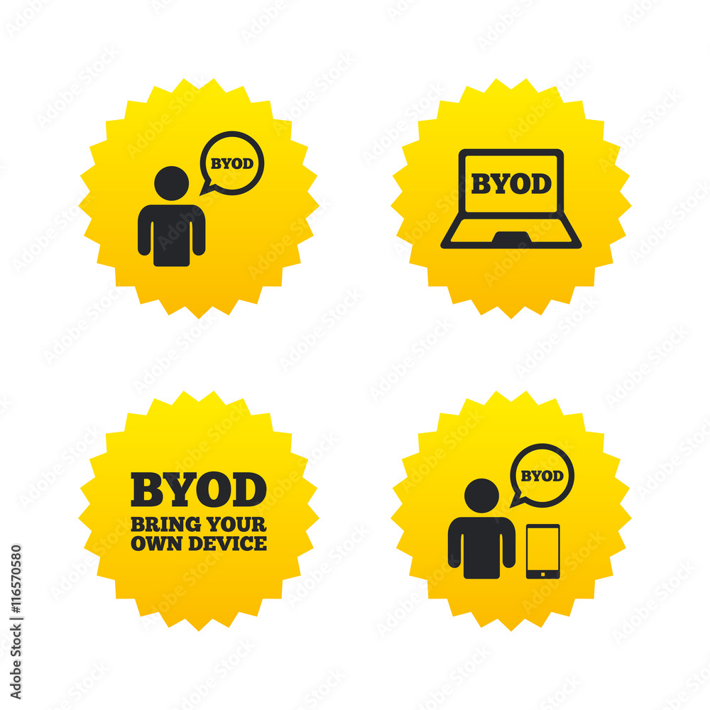 BYOD signs. Human with notebook and smartphone. BYOD signs. Human with notebook and smartphone.