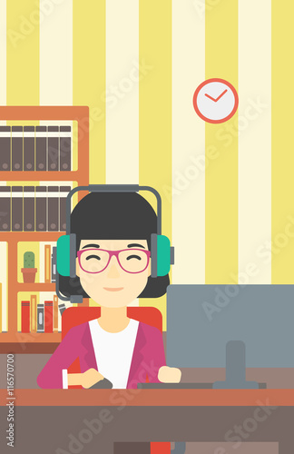 Woman playing computer game vector illustration.