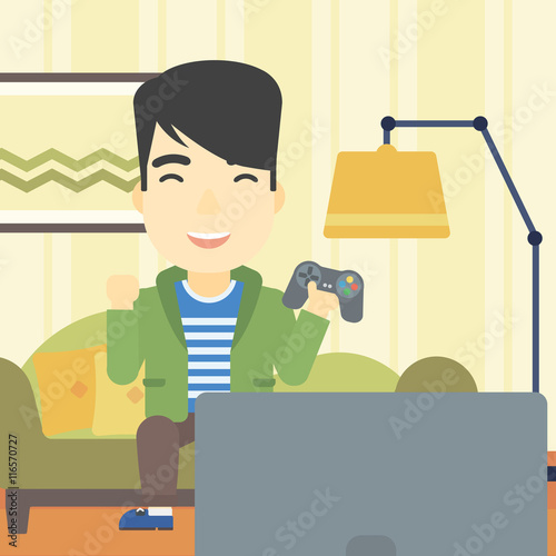 Man playing video game vector illustration.