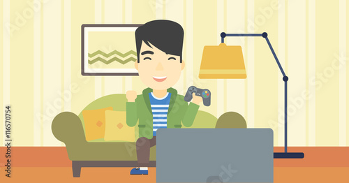 Man playing video game vector illustration.