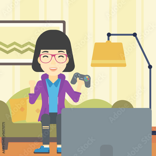 Woman playing video game vector illustration.