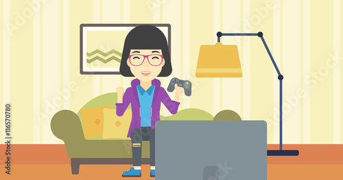 Woman playing video game vector illustration.