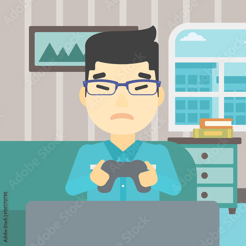 Man playing video game vector illustration.