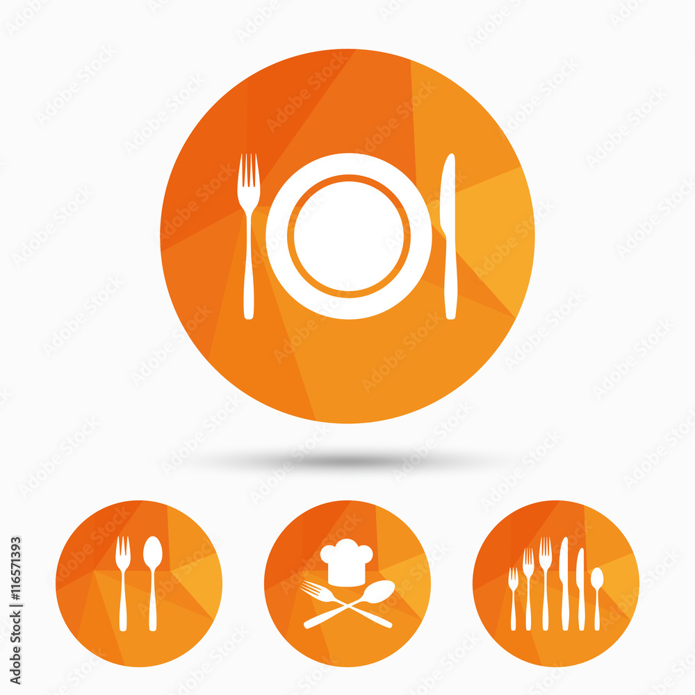 Plate dish with forks and knifes icon. Chief hat Plate dish with forks and knifes icon. Chief hat