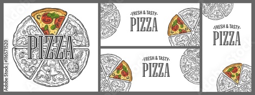 Horizontal, vertical and square poster with monochrome and colorful slice and whole pizza.
