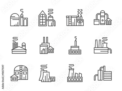 Industrial facilities black line vector icons set