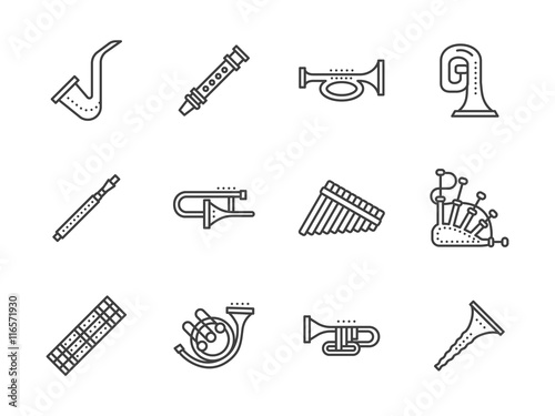 Wind musical instruments black line vector icons