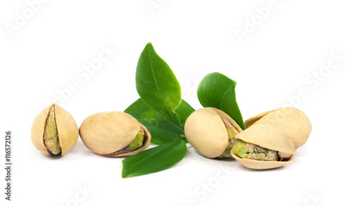 Pistachios with green leaves