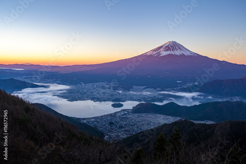 Mt.Fuji and Kawaguchiko lake with sea of mist in autumn season