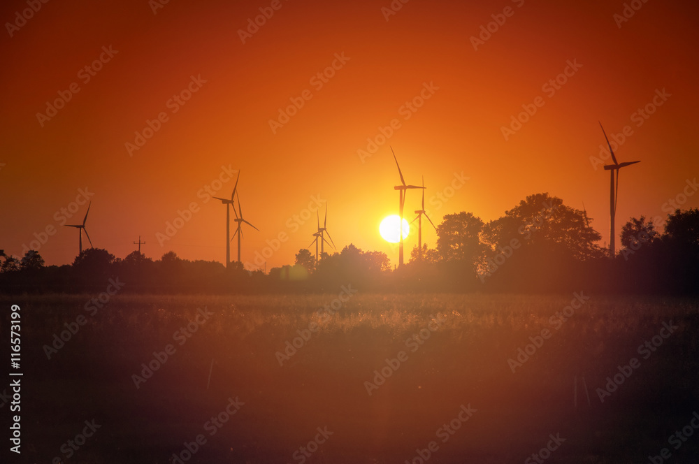 An image of windmills at sunset