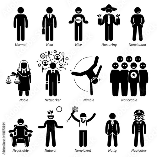 Positive Personalities Character Traits. Stick Figures Man Icons. Starting with the Alphabet N.