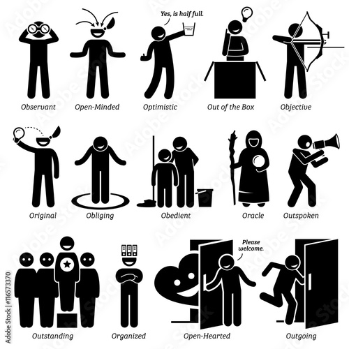 Positive Personalities Character Traits. Stick Figures Man Icons. Starting with the Alphabet O.