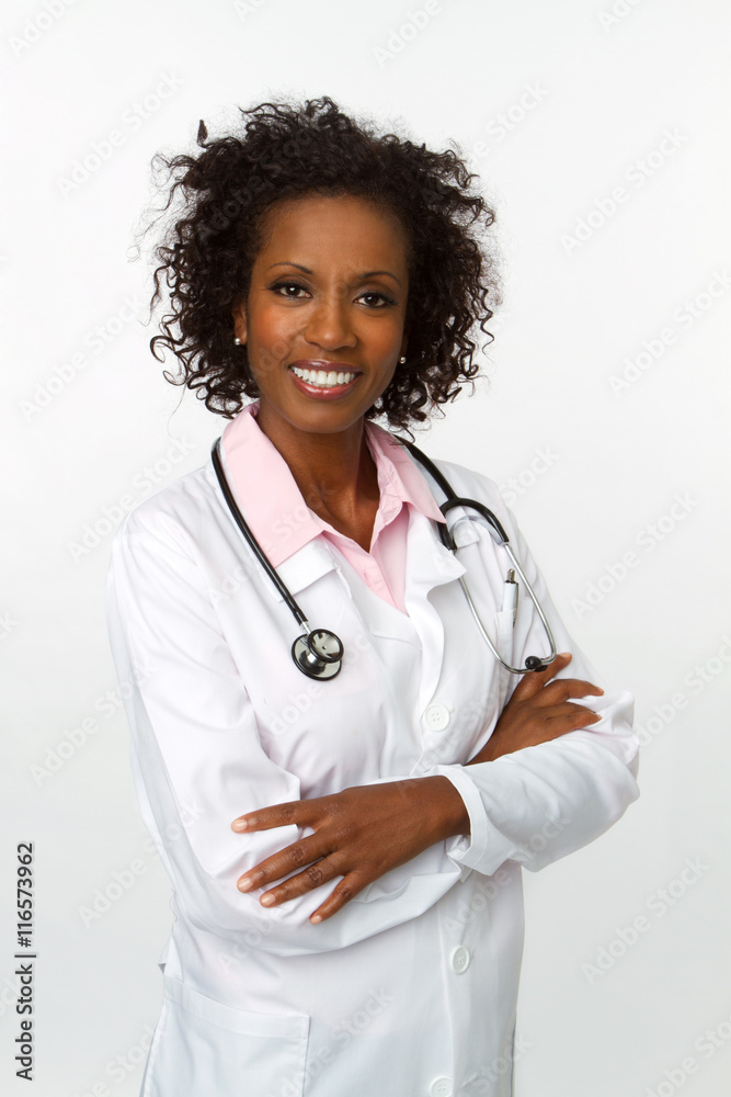 Happy African American trusted Doctor Woman isolated on white background. Happy African American trusted Doctor Woman isolated on white background.