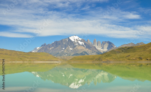 Shadow reflect of Torres del Paine in the lake 