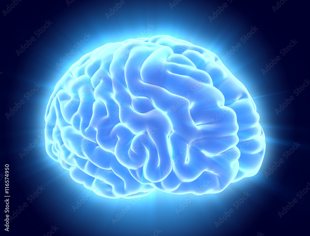 3D illustration of bright blue brain. 3D illustration of bright blue brain.