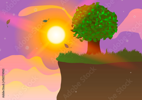 Vector Illustration. Tree on the cliff at sunset.