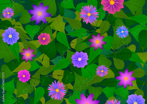 Vector Illustration. Pink flowers on green leaves.