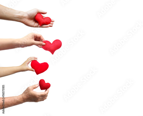 Family love isolated. Family members - father  mother  child  and grandmother holding red hearts on isolated background