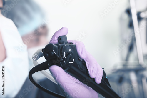 Macro of endoscopic instrument in the hands of a medical doctor